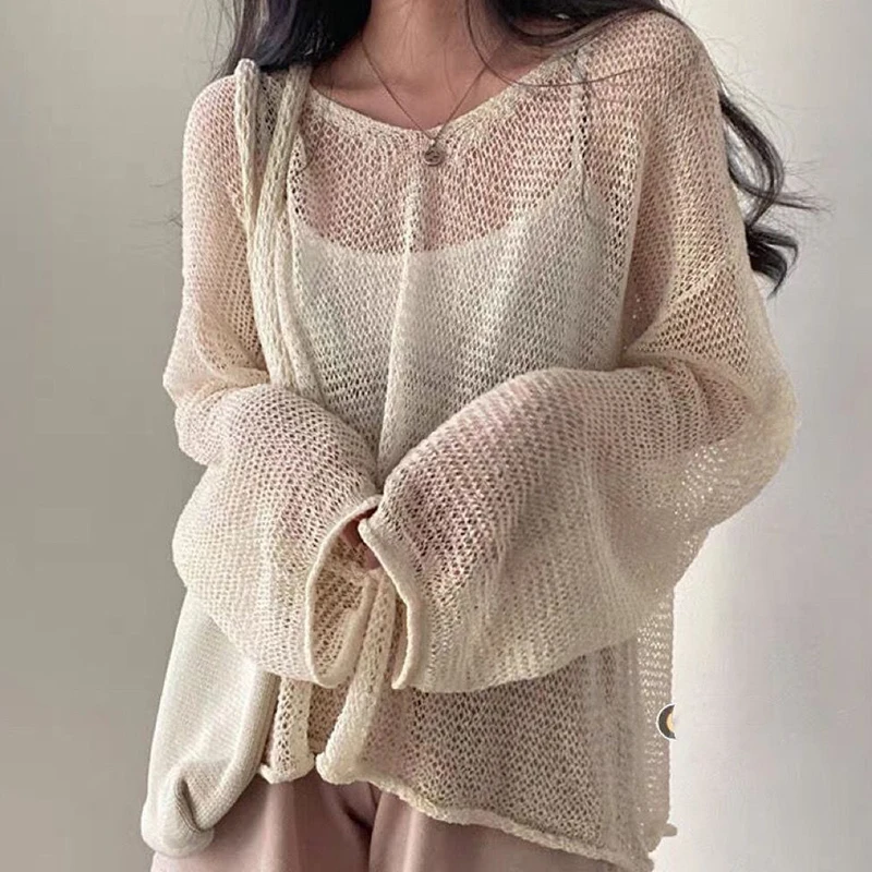 K-POP Style Hollow Out Knit Lantern Sleeve Casual Tops for Women