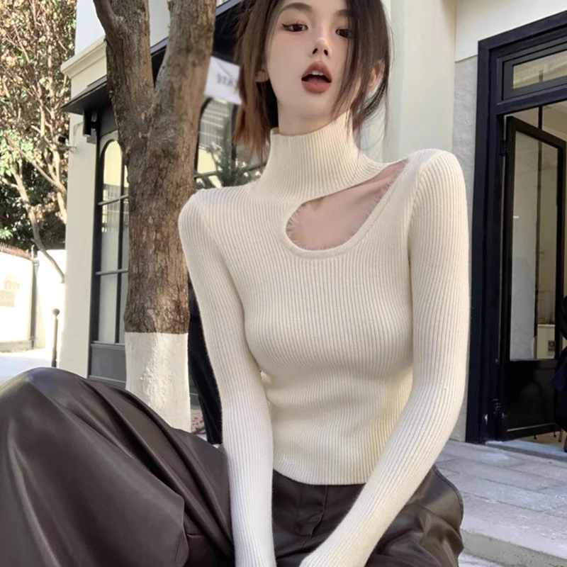 K-POP Style Hollow Out Off Shoulder Knitted Sweater for Gen Z & Y2K Fashion