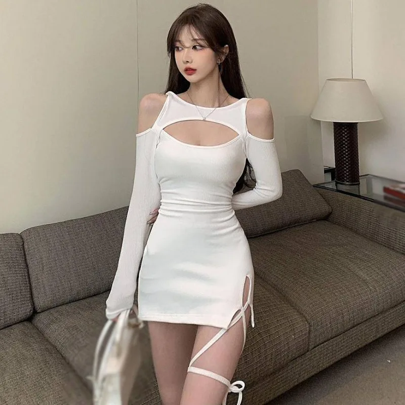 K-POP Style Hollow Out Strap Long-Sleeve Slit Dress for Women - Sexy Slim Fit Cocktail & Party Wear