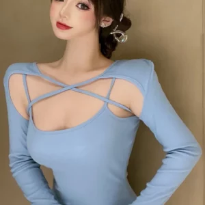 K-POP Style Hollow Out Two-Piece Mini Dress Set for Women - Blue