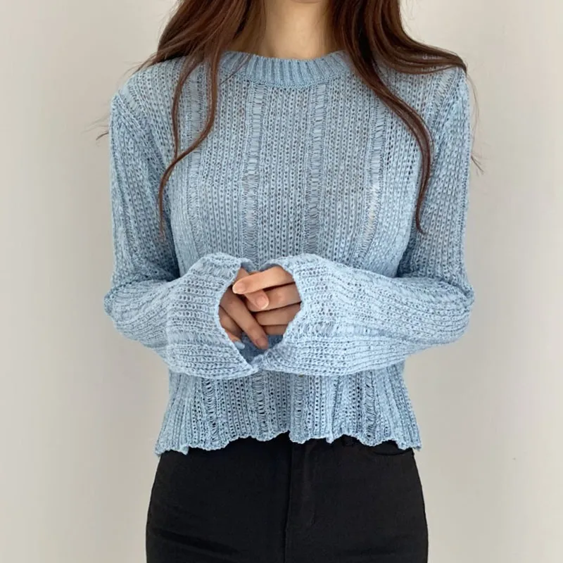 K-POP Style Ice Silk Knit Blouse | Women's Loose Fit Long Sleeve Sweater