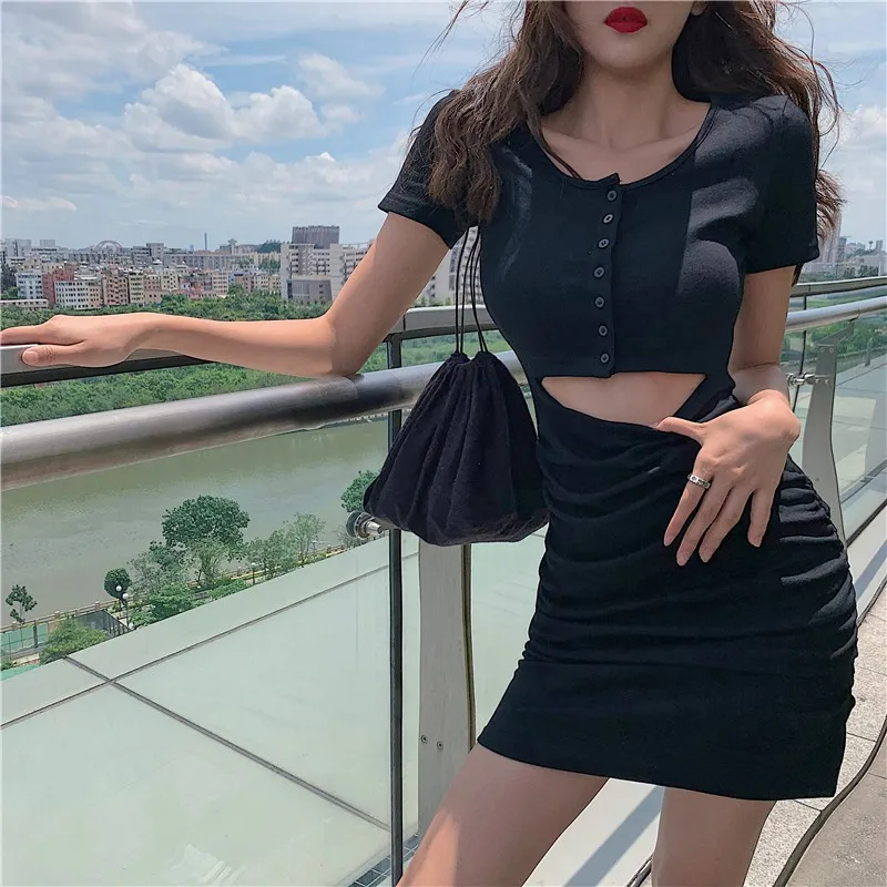 K-POP Style Knit Mini Dress: Sexy Slim Fit Hip Wrap, Hollow Out Design