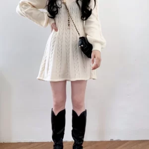 K-POP Style Knit Sweater Mini Dress for Women | Casual V-Neck Lantern Sleeve Outfit