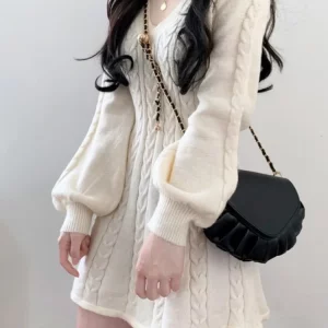 K-POP Style Knit Sweater Mini Dress for Women | Casual V-Neck Lantern Sleeve Outfit