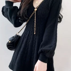 K-POP Style Knit Sweater Mini Dress for Women | Casual V-Neck Lantern Sleeve Outfit