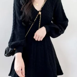 K-POP Style Knit Sweater Mini Dress for Women | Casual V-Neck Lantern Sleeve Outfit