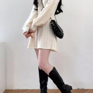 K-POP Style Knit Sweater Mini Dress for Women | Casual V-Neck Lantern Sleeve Outfit