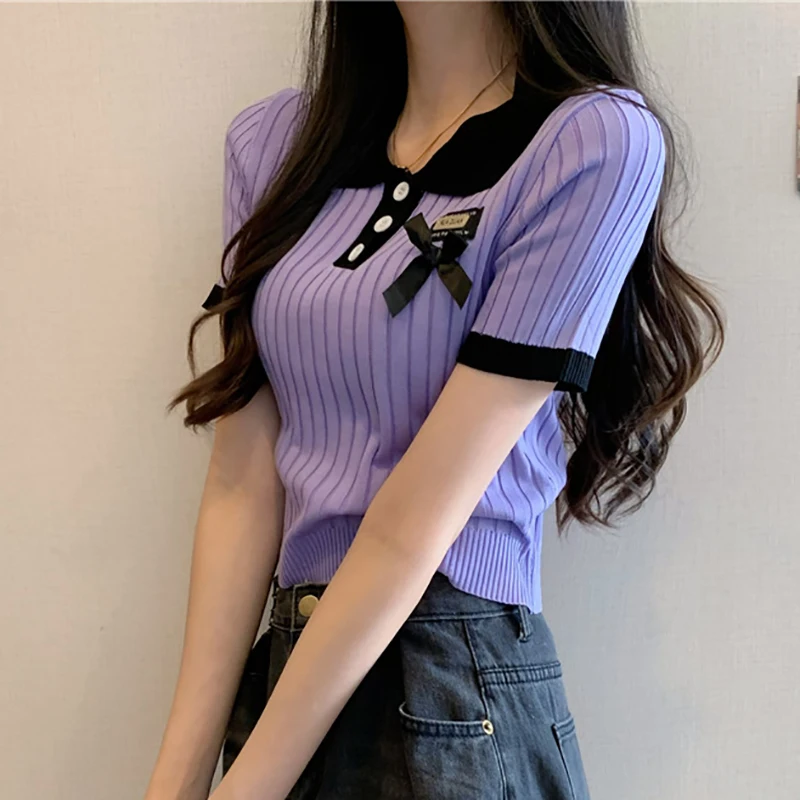 K-POP Style Knitted Polo Neck T-shirt with Bow Detail | Streetwear Fashion for Gen Z and Y2K | Short Sleeve Solid Top