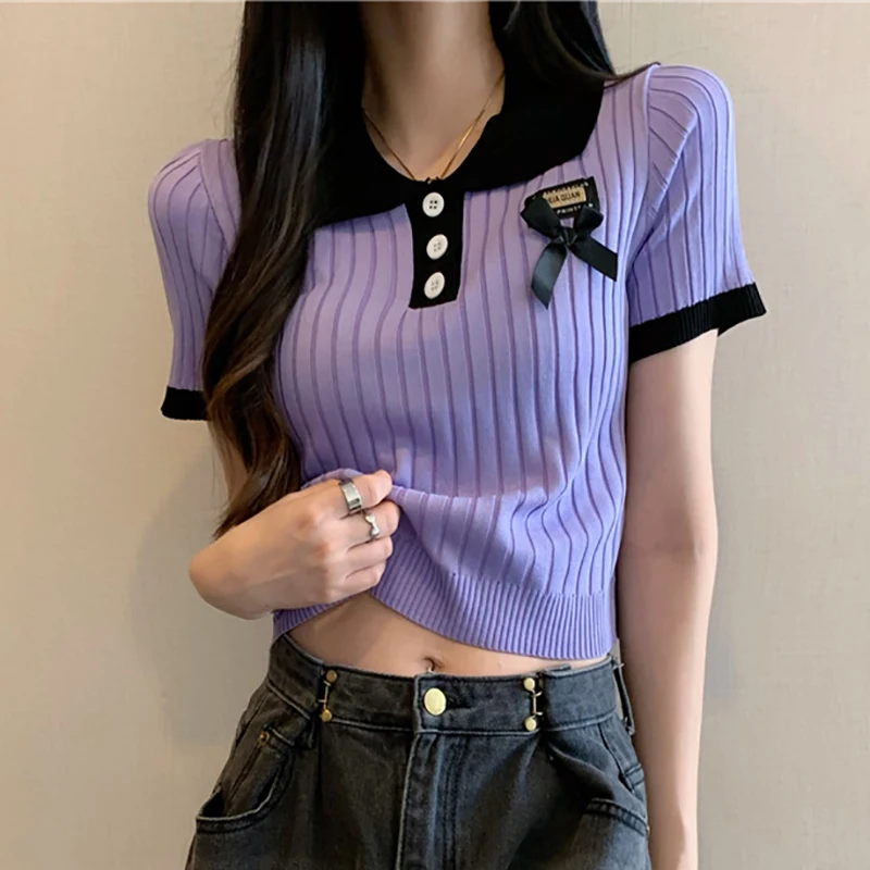 K-POP Style Knitted Polo Neck T-shirt with Bow Detail | Streetwear Fashion for Gen Z and Y2K | Short Sleeve Solid Top