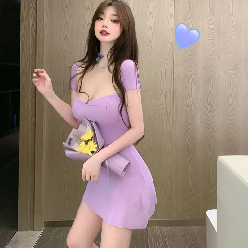 K-POP Style Knitted Short Sleeve Dress for Gen Z Women - Sexy Wavy Collar, Slim Fit, Solid Color