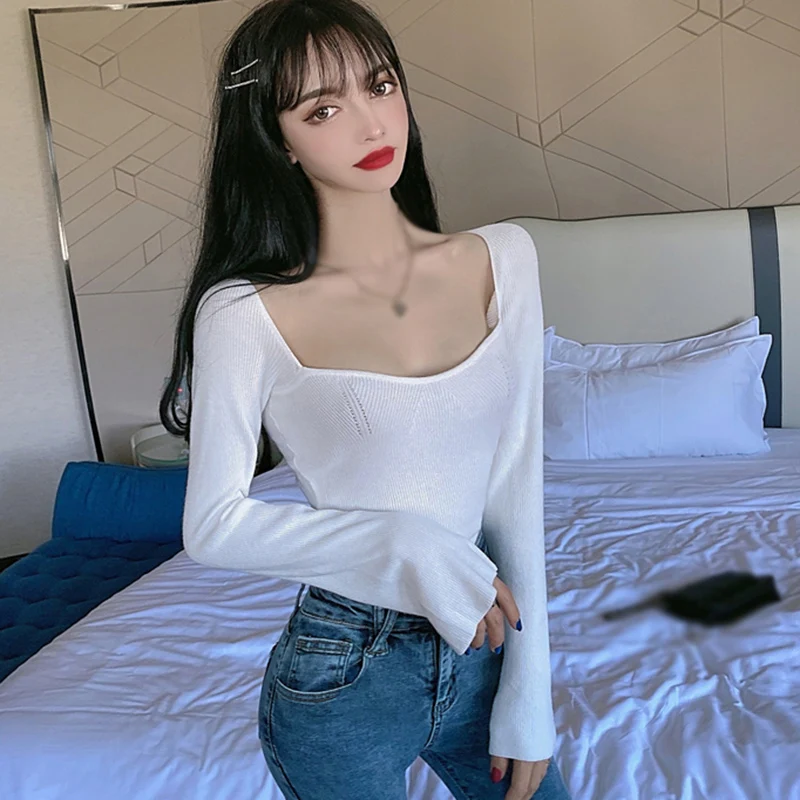 K-POP Style Knitted Square Neck Sweater for Women | Long Sleeve Off-Shoulder Pullover Top