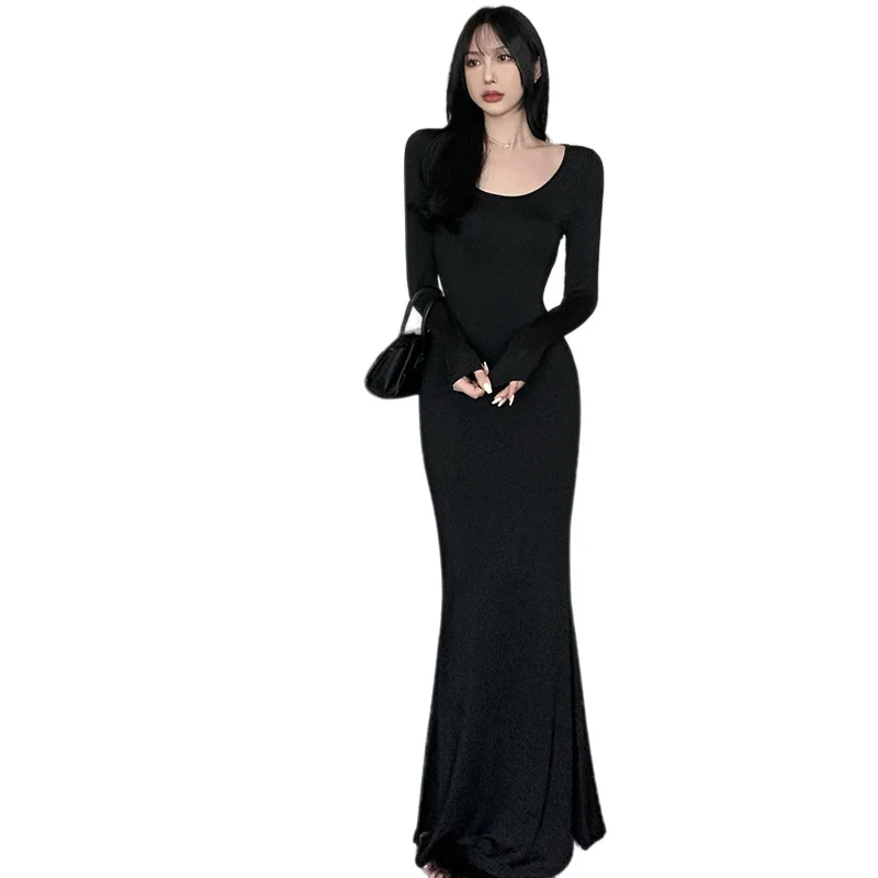 K-POP Style Korean Fishtail Dress: Square Neck Slim Wrap Buttocks
