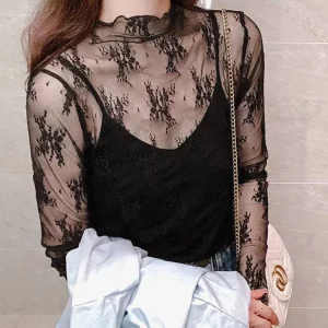K-POP Style Lace Floral Embroidered Mesh Blouse for Women