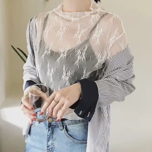 K-POP Style Lace Floral Embroidered Mesh Blouse for Women