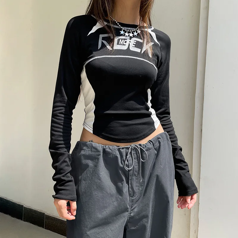 K-POP Style Letter Print Black T-shirt for Gen Z Women | Streetwear Long Sleeve Crop Top with Patchwork Detail