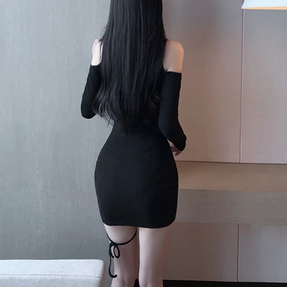 K-POP Style Long Sleeve Dress: Sexy Hip Hollow Out Side Slit Belt, Ulzzang Retro Above Knee Off Shoulder Women's Dress