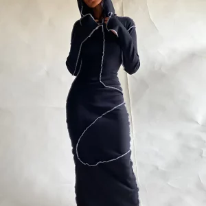 K-POP Style Long Sleeve Hooded Maxi Dress | Women's Korean Fashion Streetwear