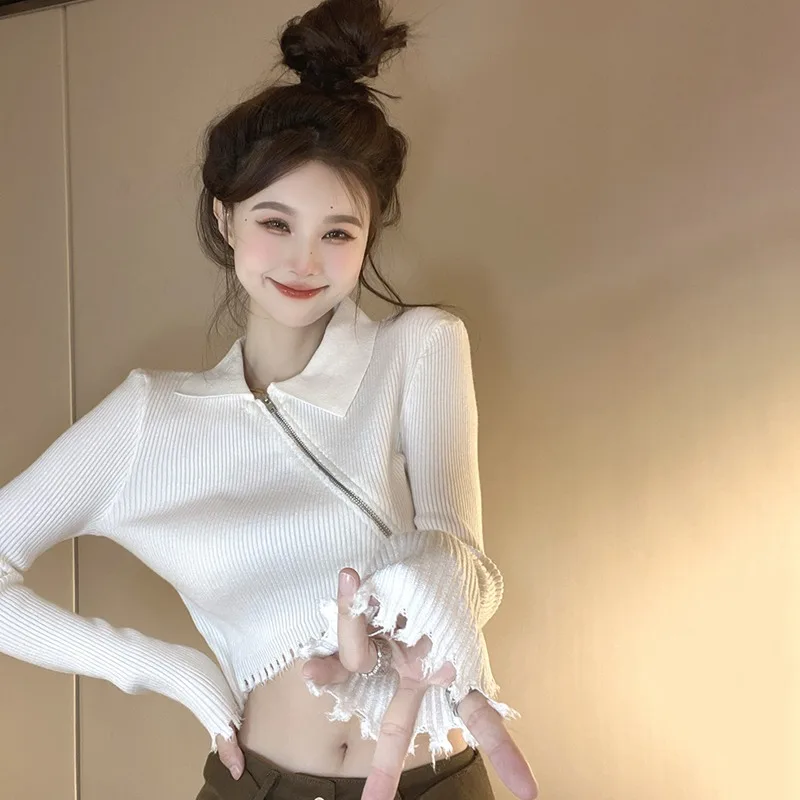 K-POP Style Long Sleeve Knit Shirt with Tassel Zipper - Women's Streetwear Fashion