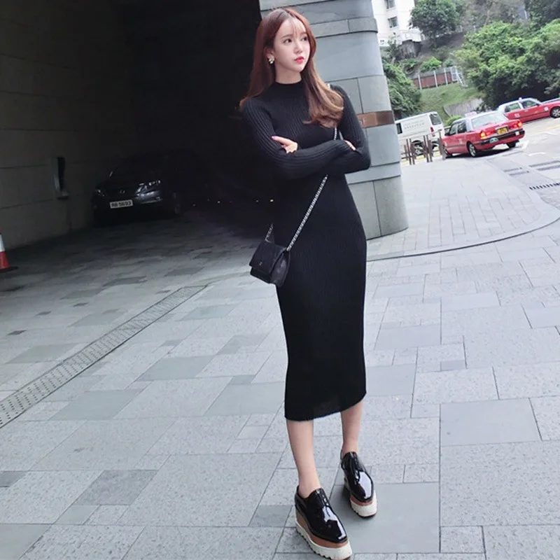 K-POP Style Long Sleeve Midi Dress | Women's Turtleneck Bodycon Dress for Party & Club | Slim Fit Streetwear Fashion