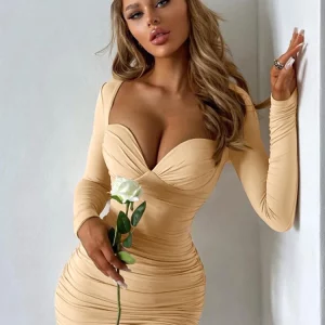 K-POP Style Long Sleeve Ruched Mini Dress | Korean Fashion Club Outfit for Women | Gen Z Y2K Summer Party Dress