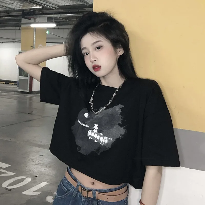 K-POP Style Loose Black Crop Top for Women | Y2K Streetwear Fashion
