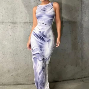 K-POP Style Maxi Dress: Chic Print Sleeveless Bodycon for Gen Z & Y2K Fashion