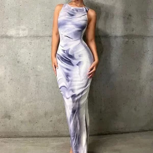 K-POP Style Maxi Dress: Chic Print Sleeveless Bodycon for Gen Z & Y2K Fashion