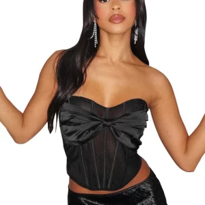 K-POP Style Mesh Corset Top with Bow Detail and Irregular Hem