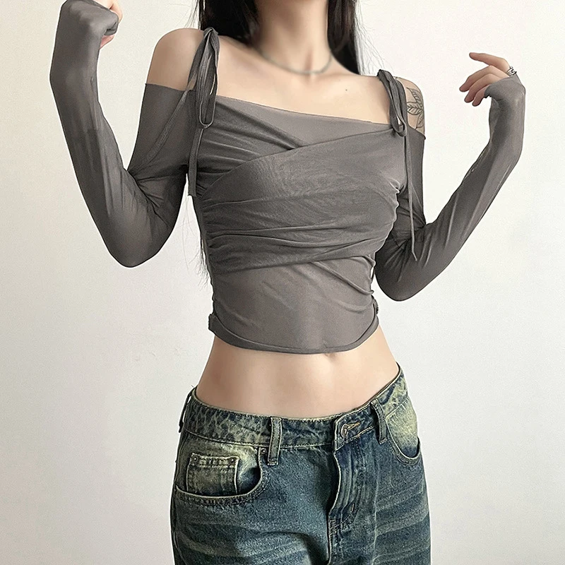 K-POP Style Mesh Cross Off-Shoulder Women's T-shirt | Streetwear Fashion
