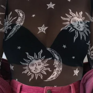 K-POP Style Mesh Long Sleeve T-shirt with Sun, Moon, and Star Print