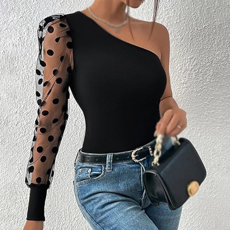 K-POP Style Mesh One Shoulder Polka Dot Tee for Women