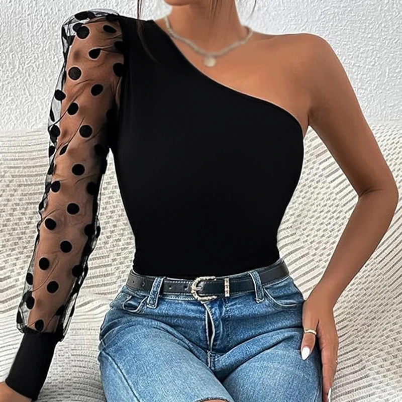 K-POP Style Mesh One Shoulder Polka Dot Tee for Women