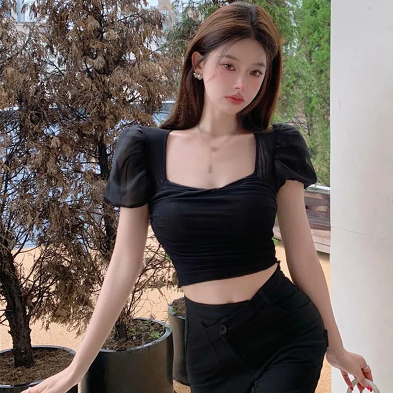 K-POP Style Mesh Puff Sleeve Crop Top | Gen Z Streetwear Fashion