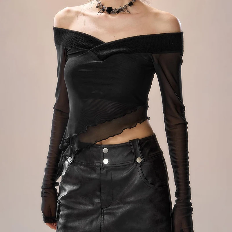 K-POP Style Mesh Sheer Off-Shoulder Crop Top | Sexy Streetwear Fashion for Women