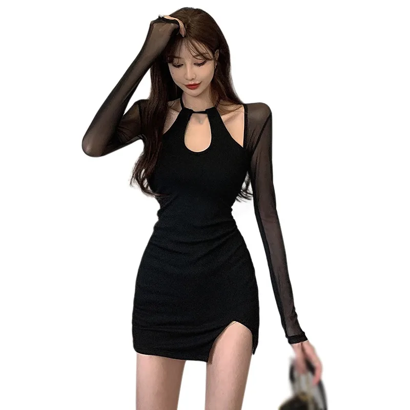 K-POP Style Mesh Stitched Korean Dress with Sexy Split Sleeves