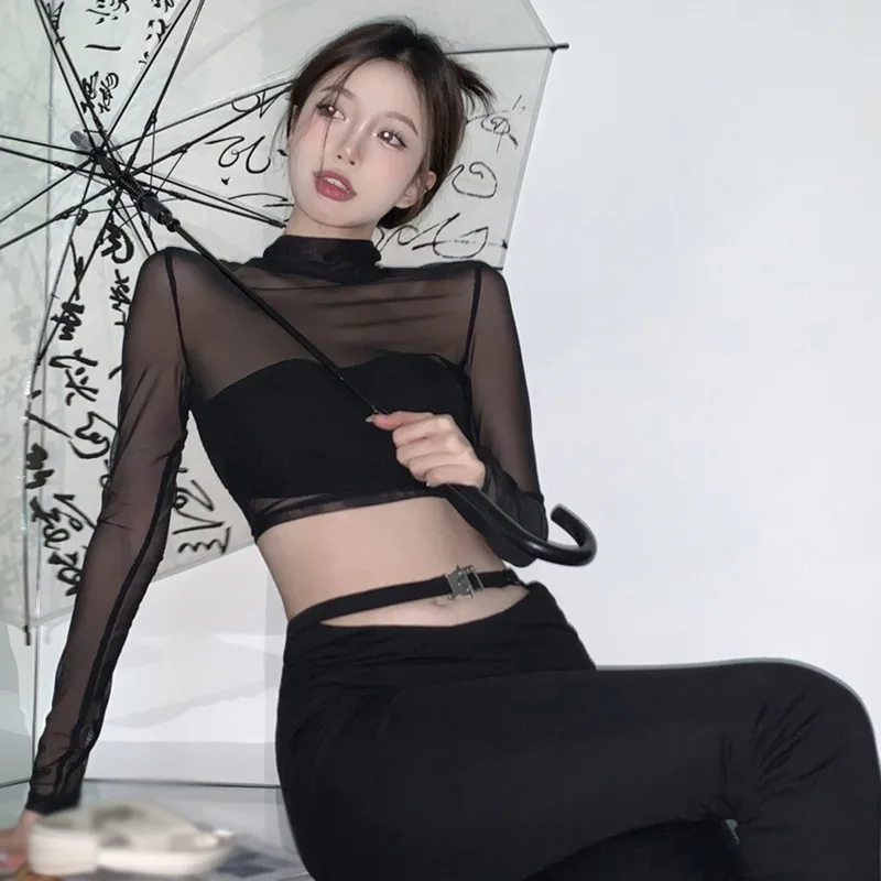 K-POP Style Mesh Turtleneck Top | Sexy Backless Long Sleeve Shirt for Women