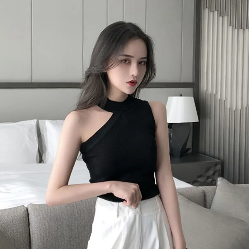 K-POP Style Off-Shoulder Knitted Vest: Sexy Sleeveless Slim Tee for Women