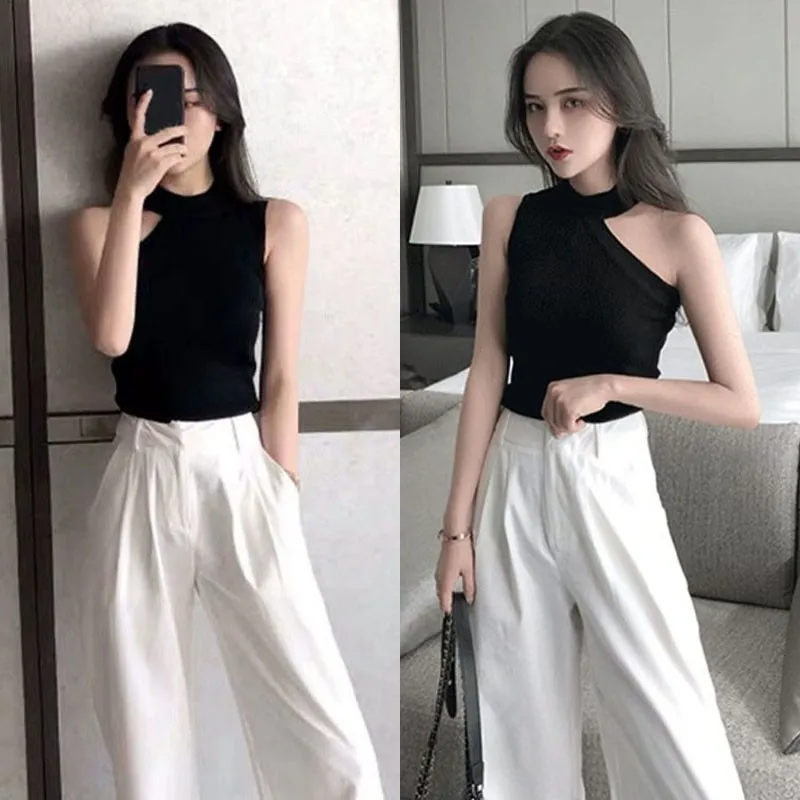 K-POP Style Off-Shoulder Knitted Vest: Sexy Sleeveless Slim Tee for Women