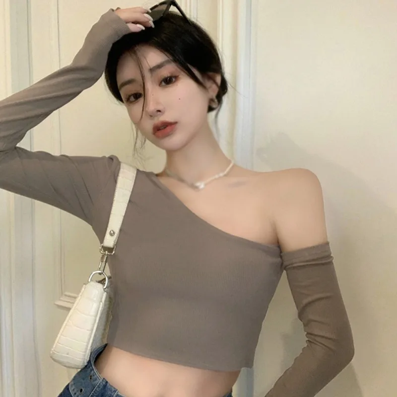 K-POP Style Off-Shoulder Spring T-Shirts for Women | Skew Collar Crop Tops in Black & White | Korean Fashion Street