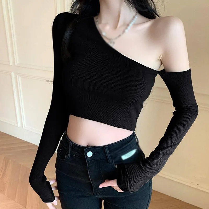 K-POP Style Off-Shoulder Spring T-Shirts for Women | Skew Collar Crop Tops in Black & White | Korean Fashion Street