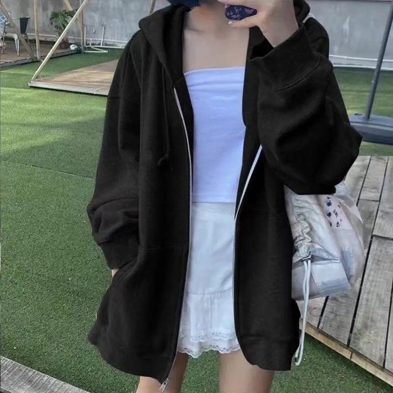 K-POP Style Oversized Fleece Hoodie Cardigan for Women - Zip-Up Hooded Sweatshirt with Long Sleeves