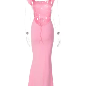 K-POP Style Pink Lace-Up Backless Maxi Dress for Women | Sexy Bodycon Evening Party Outfit