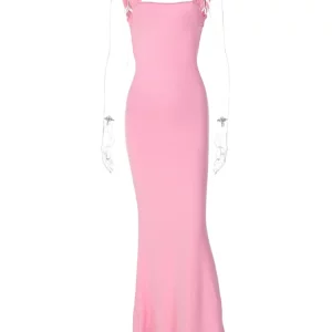 K-POP Style Pink Lace-Up Backless Maxi Dress for Women | Sexy Bodycon Evening Party Outfit