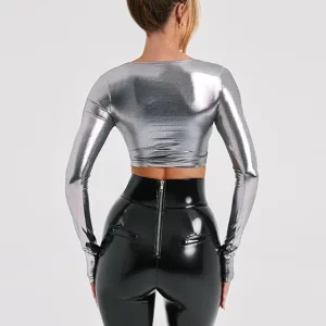 K-POP Style Pu Leather O Neck Crop Top | Women's Streetwear Fashion