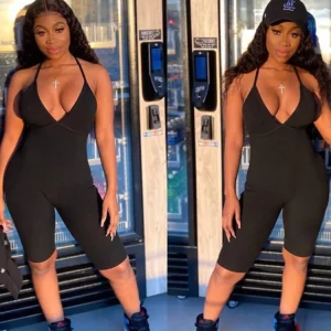 K-POP Style Ribbed V-Neck Romper Jumpsuit for Gen Z Women