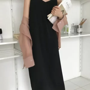 K-POP Style Sexy Black Maxi Dress | Sleeveless V-neck Party Dress for Women | Korean Fashion Streetwear | Summer Casual Vestidos De