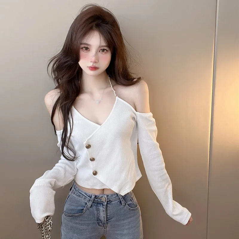 K-POP Style Slim Knitted Crop Top with Chain Halter for Gen Z & Y2K Fashion