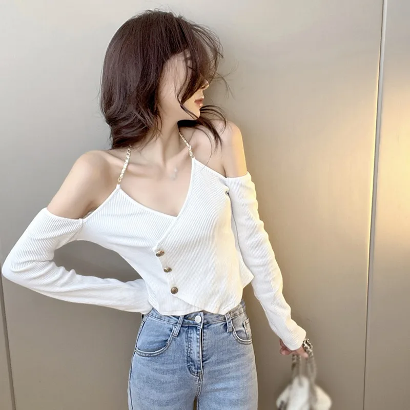 K-POP Style Slim Knitted Crop Top with Chain Halter for Gen Z & Y2K Fashion