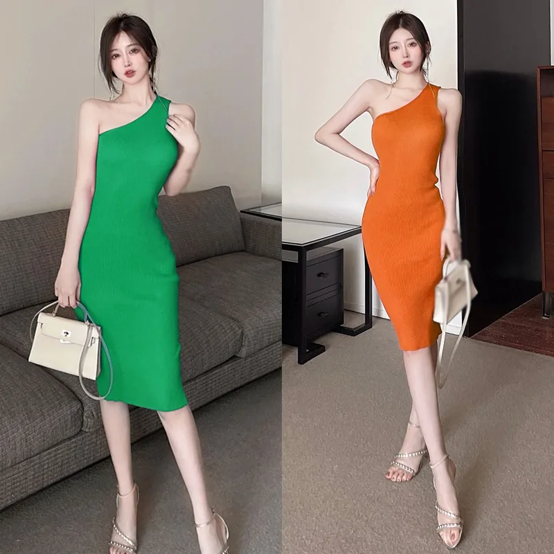 K-POP Style Solid Color Diagonal Shoulder Dress | Slim Fit Sleeveless Vest