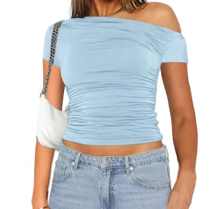 K-POP Style Solid Color Slash Shoulder Short Sleeve Top for Women | High Elasticity Fabric, Pleated Navel Reveal, Streetwear Fashion